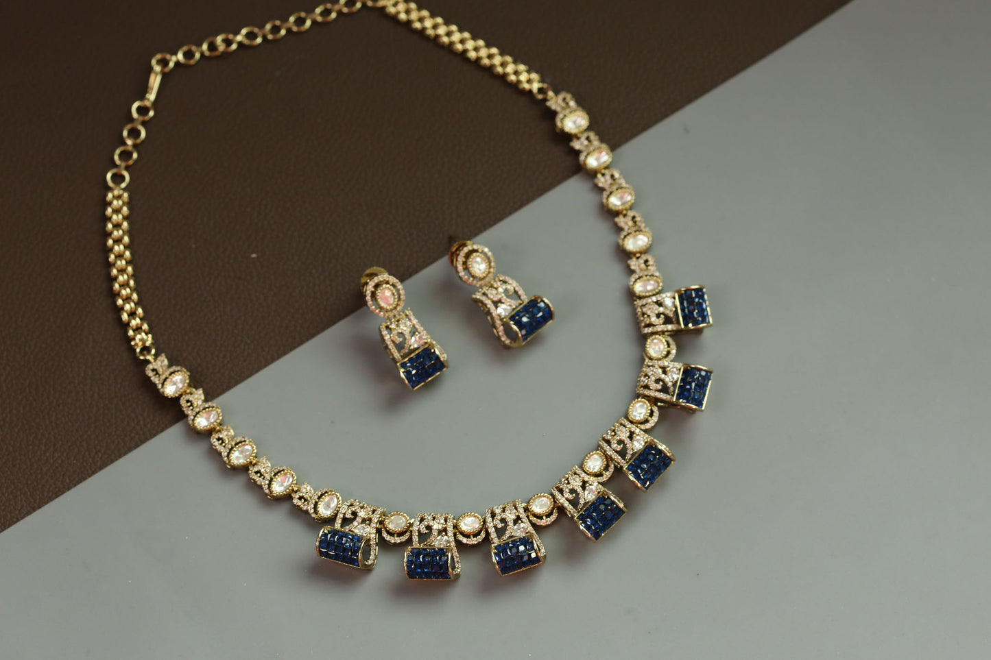Invisible Setting, Uncut Polki & CZ Necklace Set - Blue