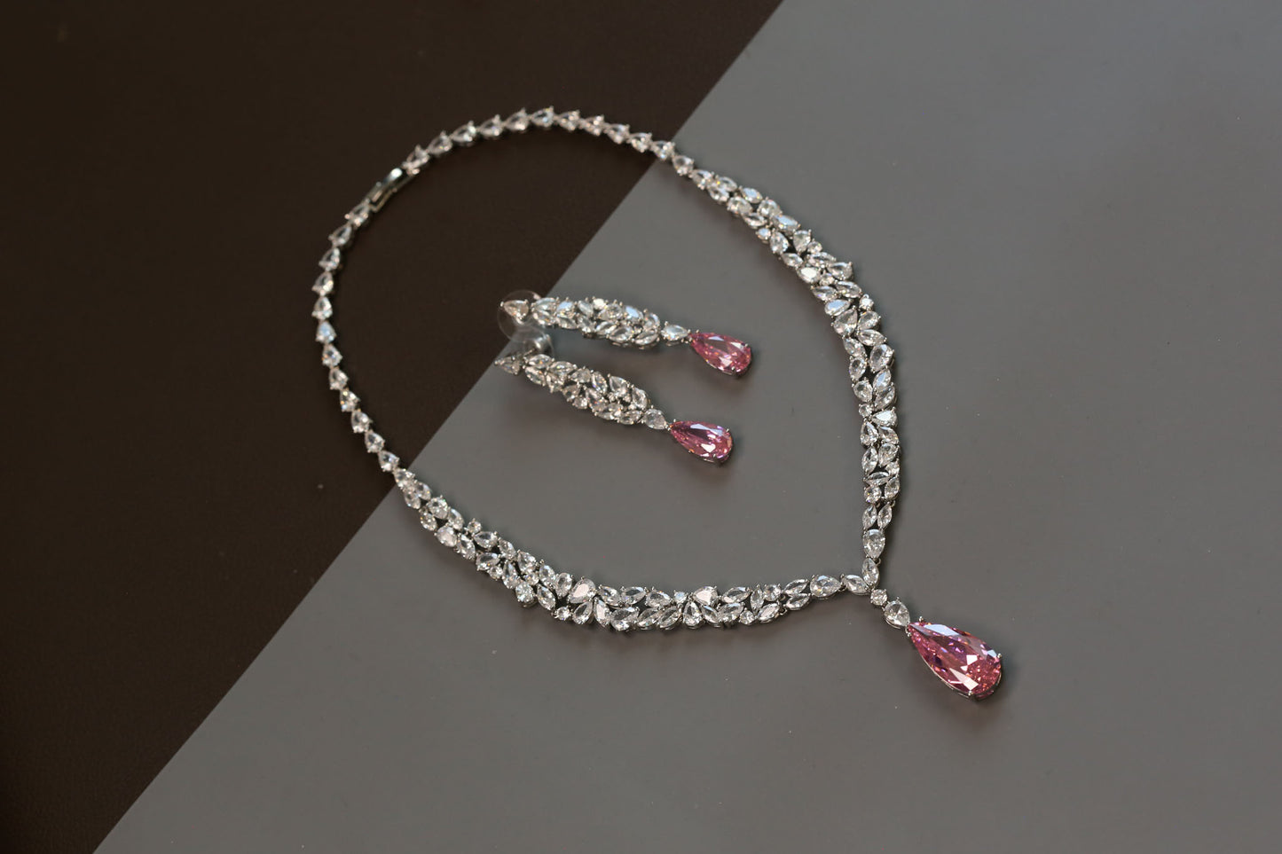 Dainty Solitaire Necklace Set - Pink Crystal