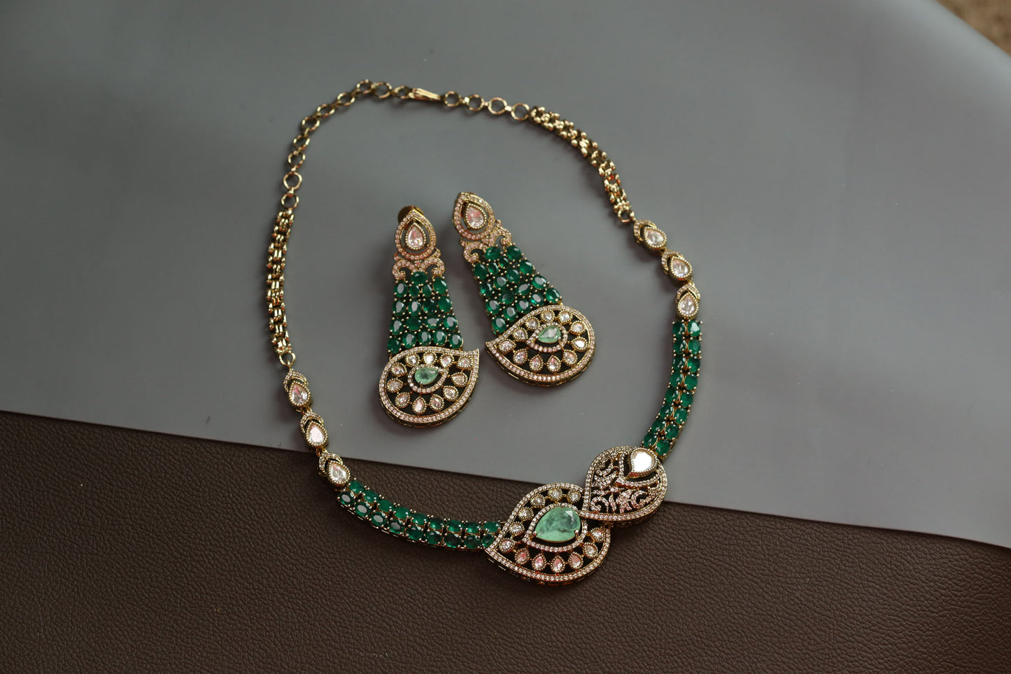 Surmayi Mehndi Polish Doublet CZ Necklace Set - Green