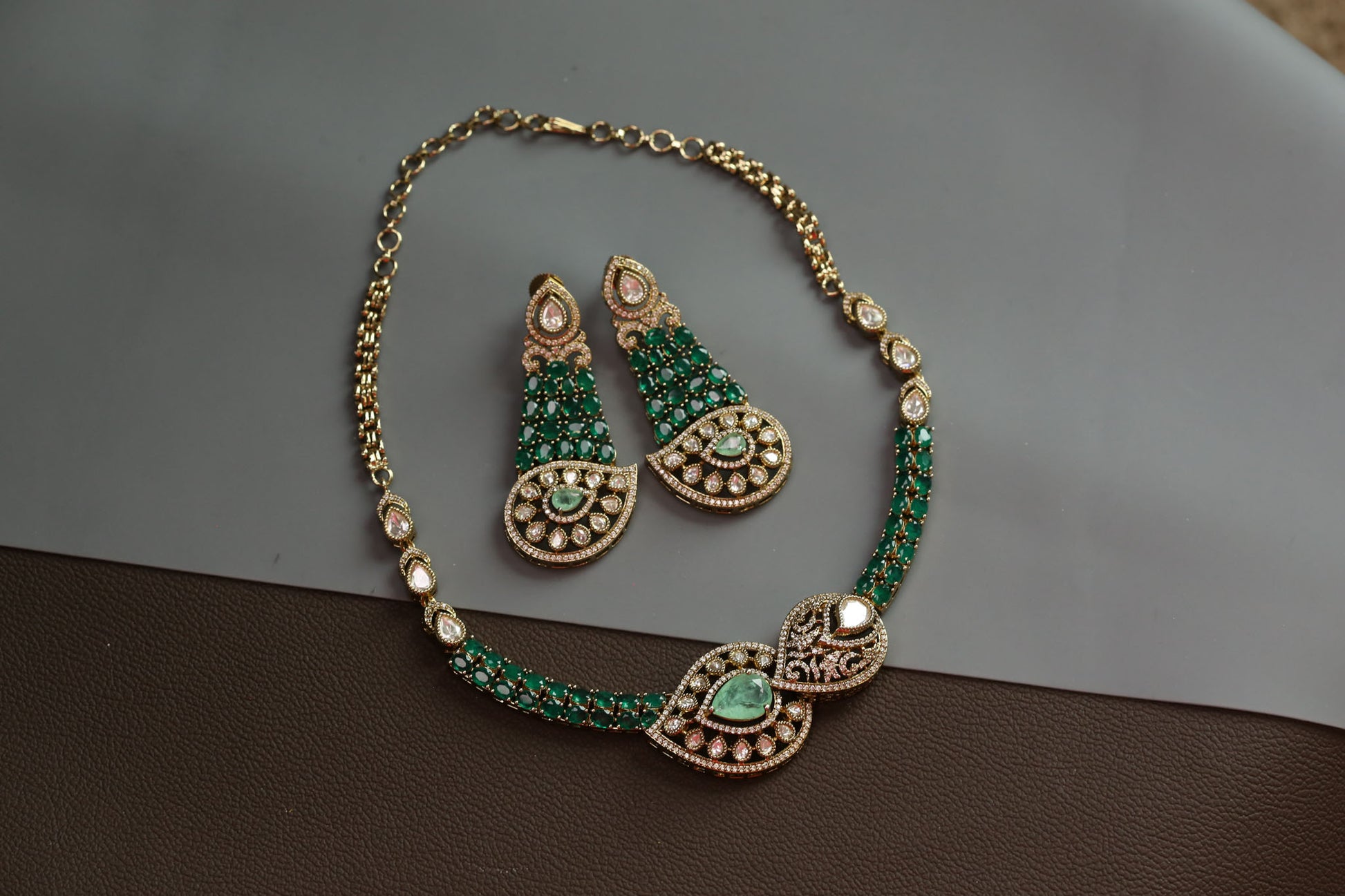 Surmayi Mehndi Polish Doublet CZ Necklace Set - Green