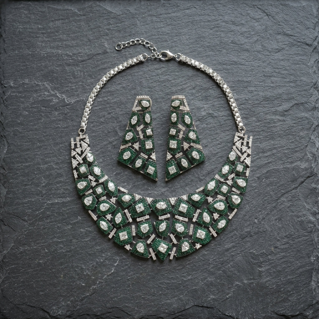 Pave Setting Micro CZ Jahaan Necklace Set - Green