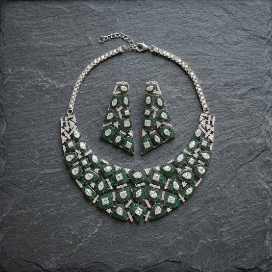 Pave Setting Micro CZ Jahaan Necklace Set - Green