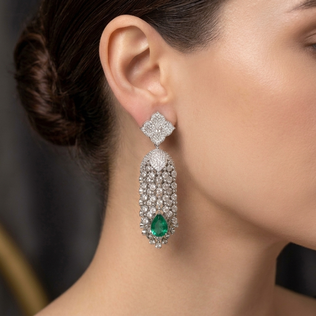 Kajal CZ Tassel Jhumka - Emerald
