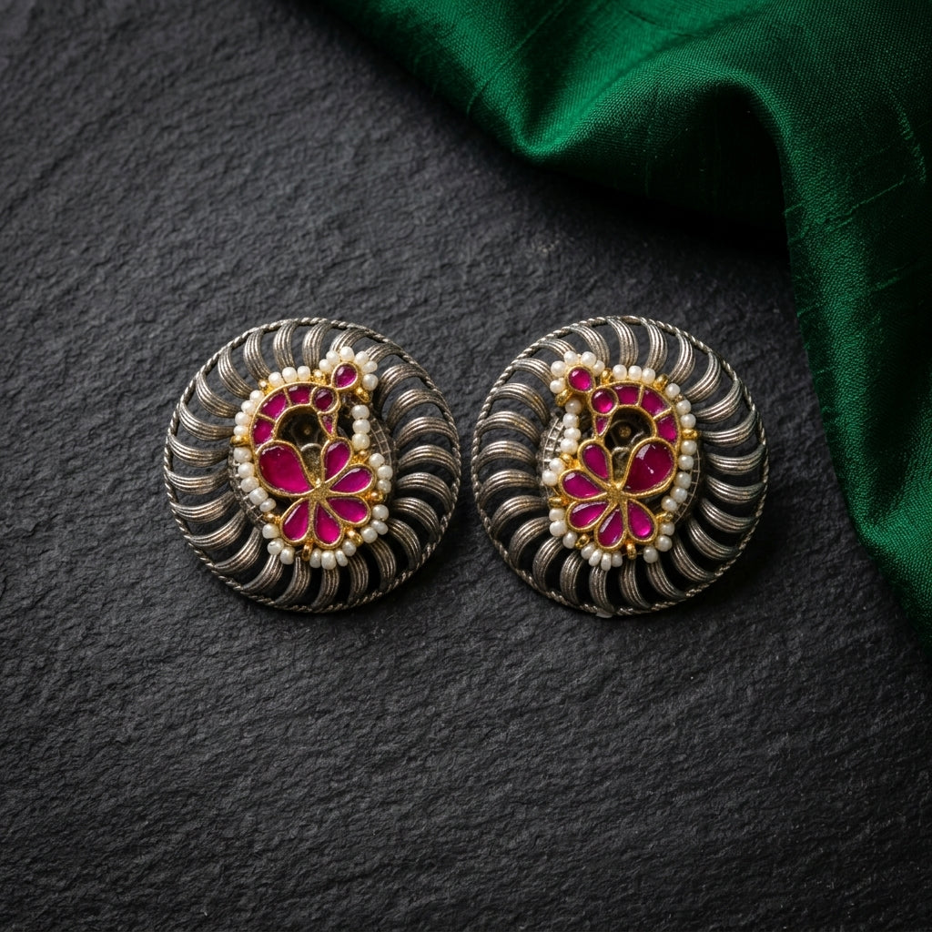 Fusion Kundan Peacock Studs - Ruby