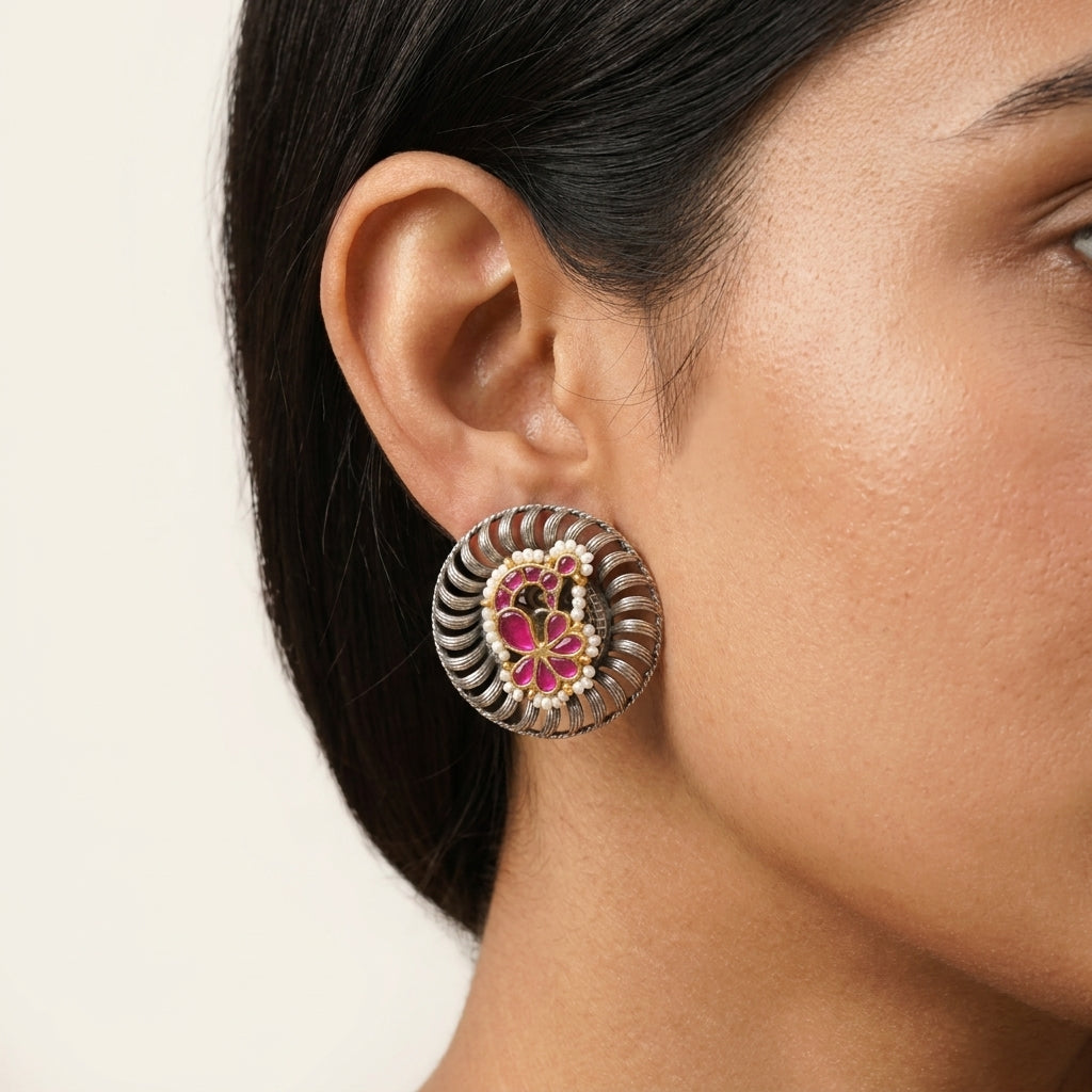 Fusion Kundan Peacock Studs - Ruby