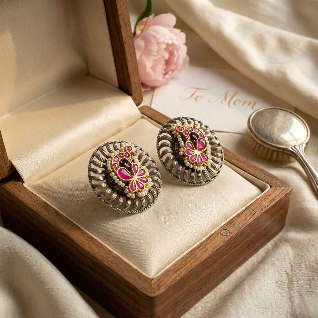 Fusion Kundan Peacock Studs - Ruby