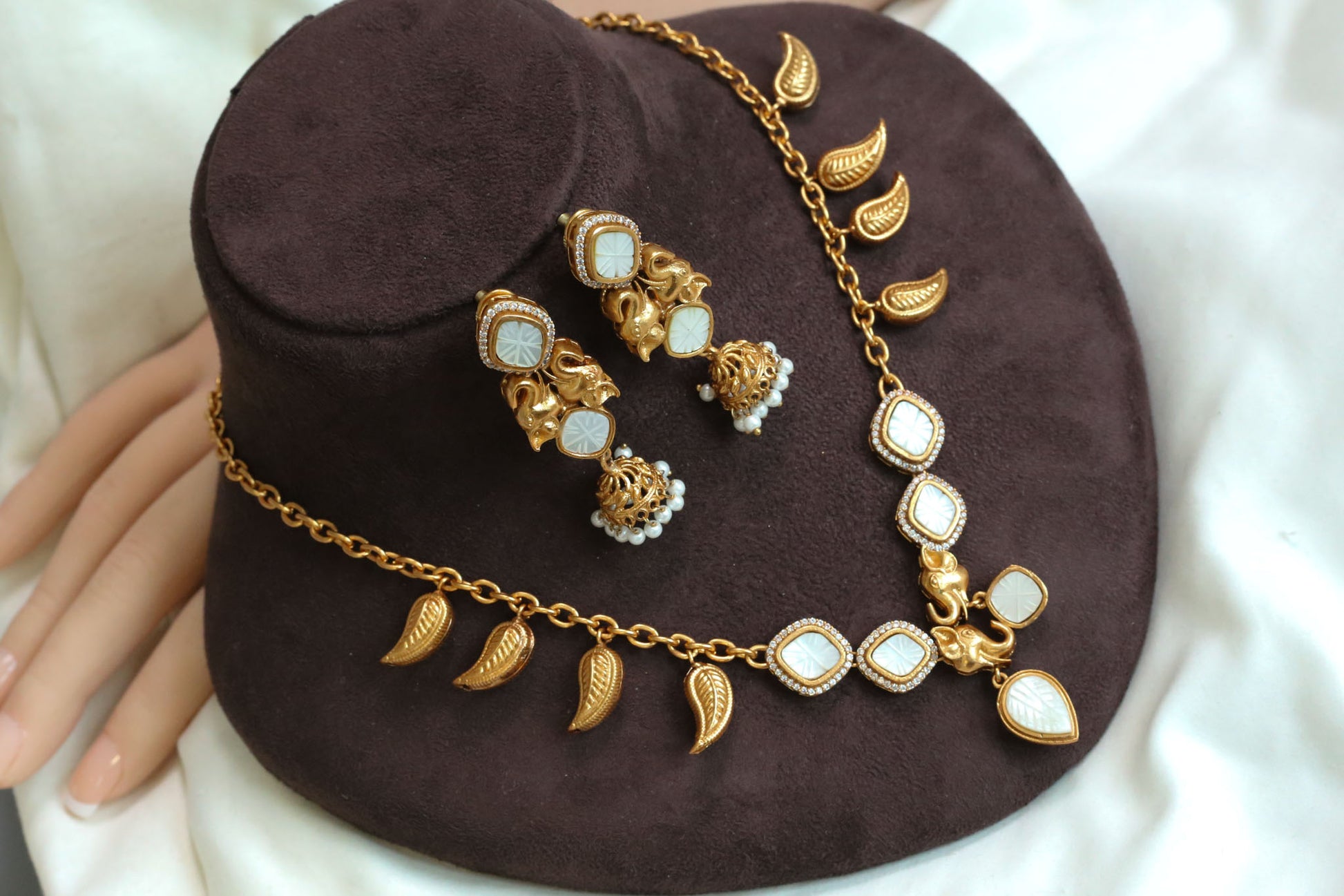 Mohini Carved Stone Necklace Set - MOP