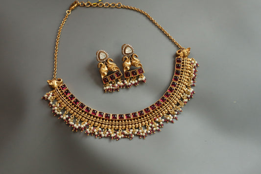 Ruby & Polki Kemp Antique Gold Necklace Set