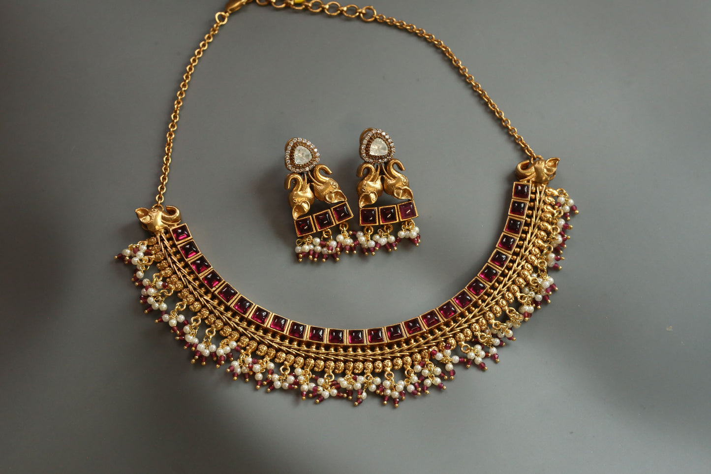 Ruby & Polki Kemp Antique Gold Necklace Set