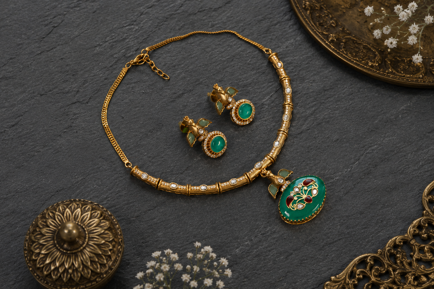 Inlay kundan Polki Necklace Set -Mint