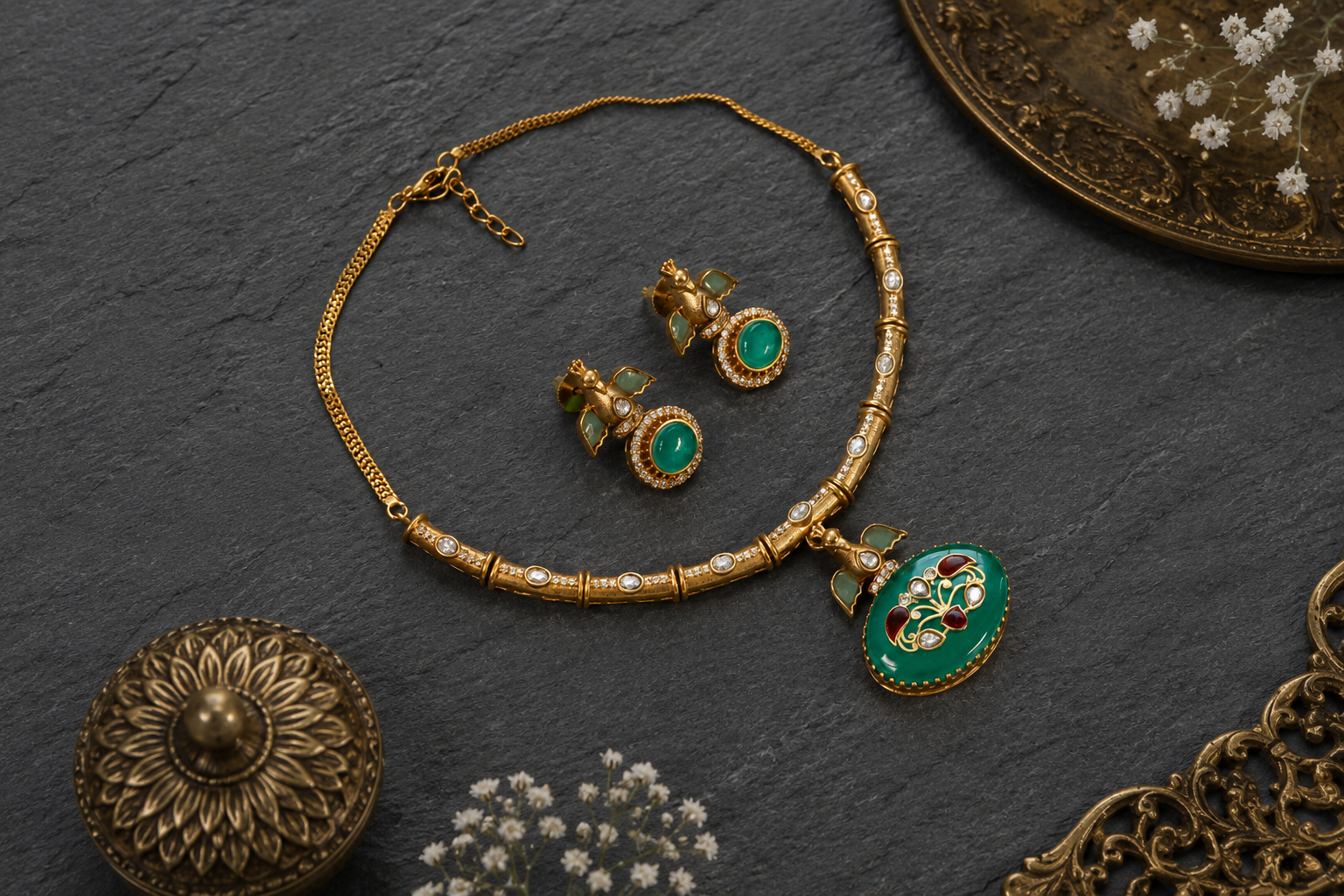 Inlay kundan Polki Necklace Set -Mint