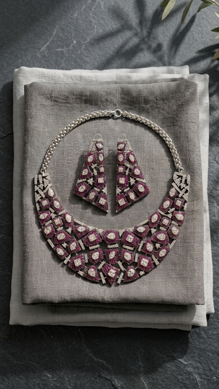 Pave Setting Micro CZ Jahaan Necklace Set - Ruby