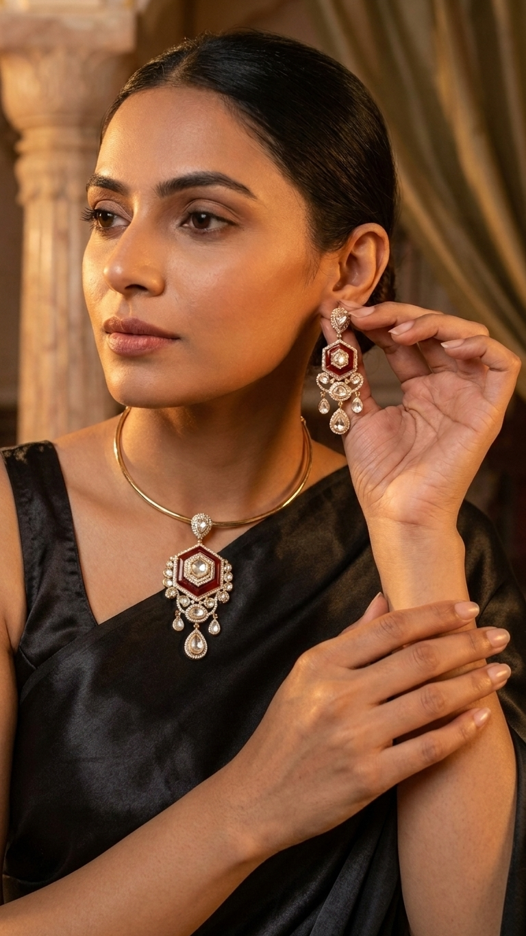 Dainty Red Pota Stone & Kundan Hasli Set