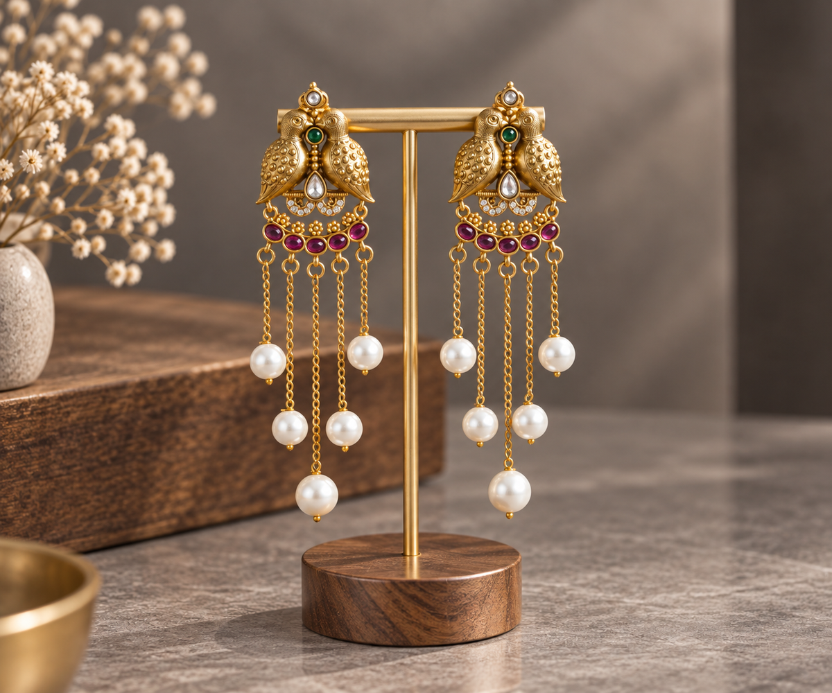 Antique Gold Mayura Tassel Earrings - Red