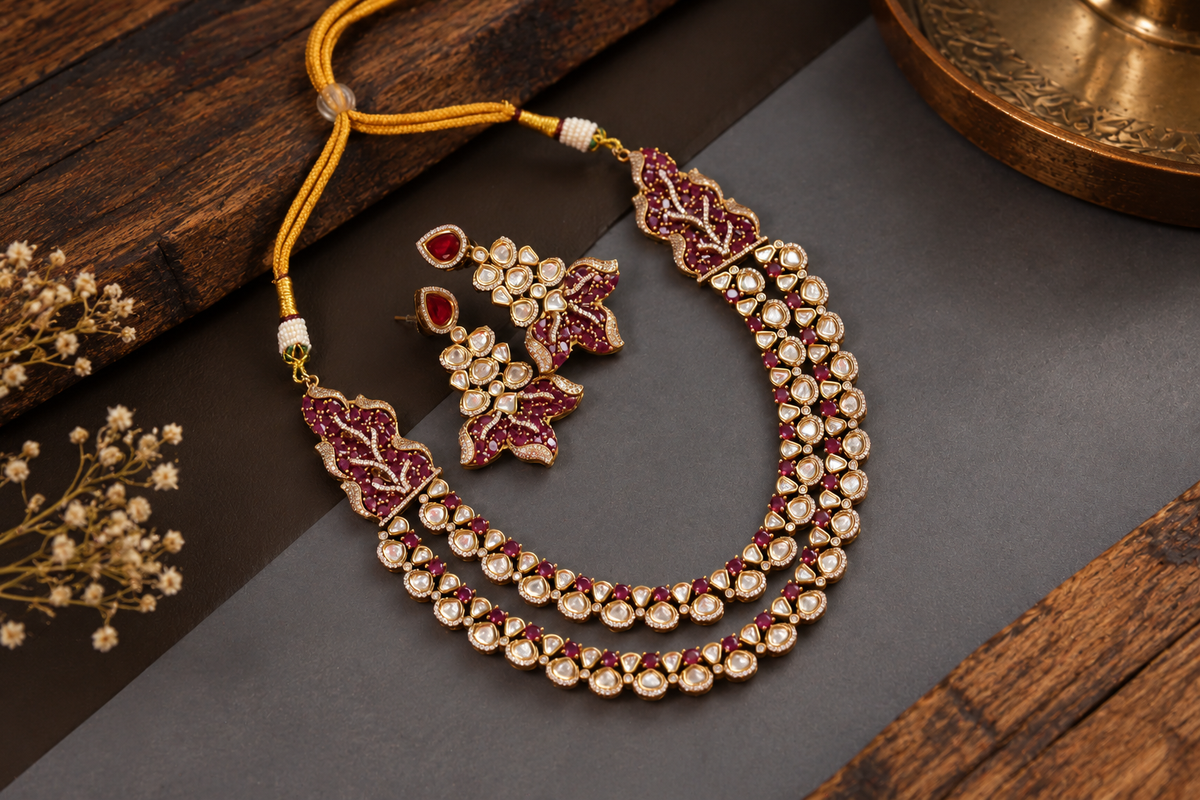 Heer Uncut Polki & Ruby CZ Necklace Set