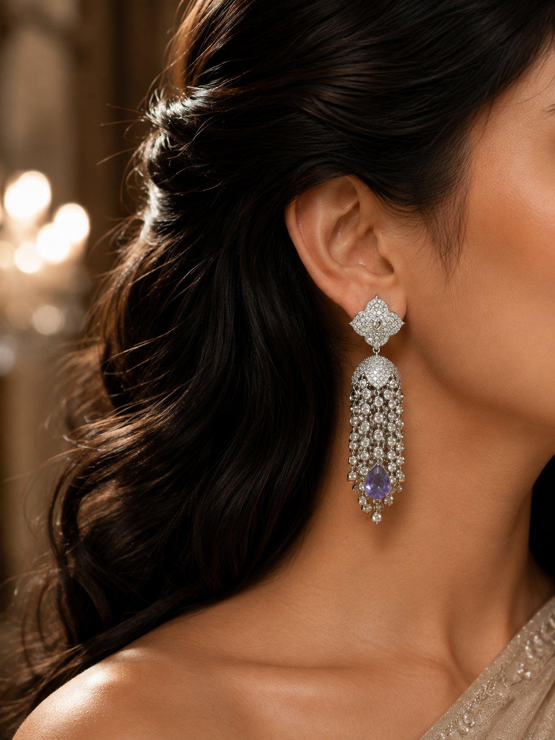 Kajal CZ Tassel Jhumka - Lavender