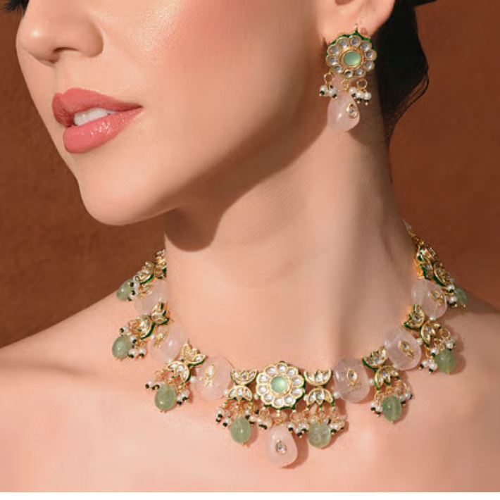 Meerut Kundan Inlay Work Necklace Set - Rose Quartz