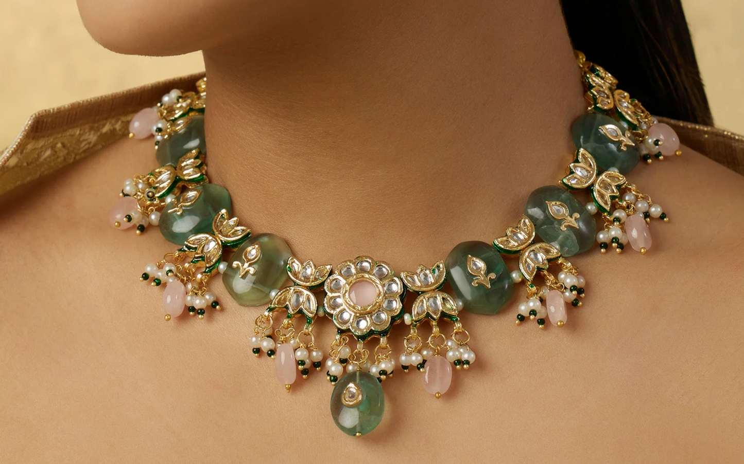 Meerut Kundan Inlay Work Necklace Set - Fluorite