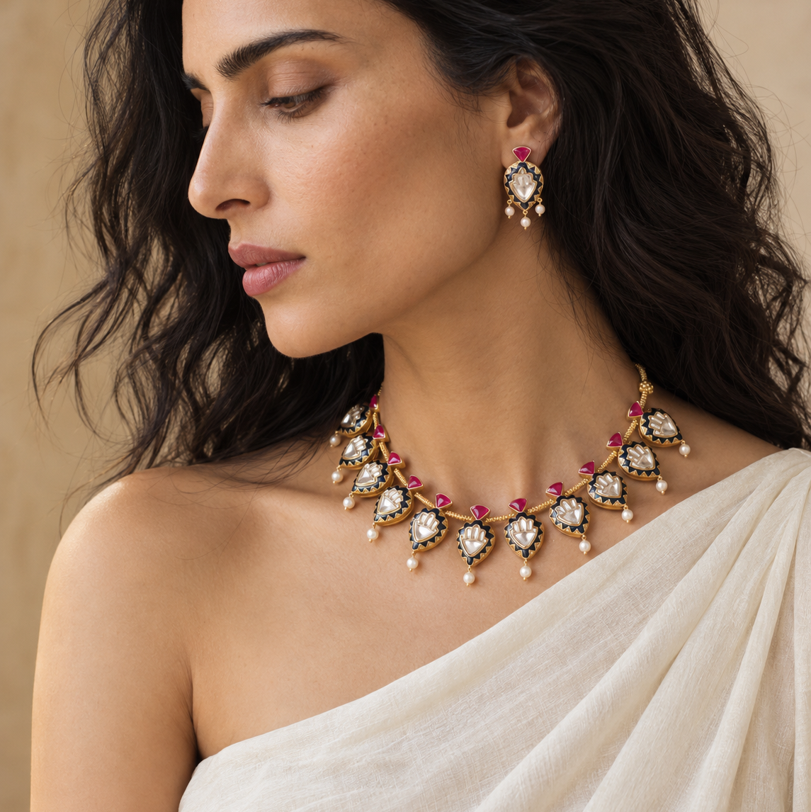 A woman wearing a gold-toned traditional necklace with white stones and pink gem accents, matching drop earrings, and a draped off-white sari against a warm beige background.