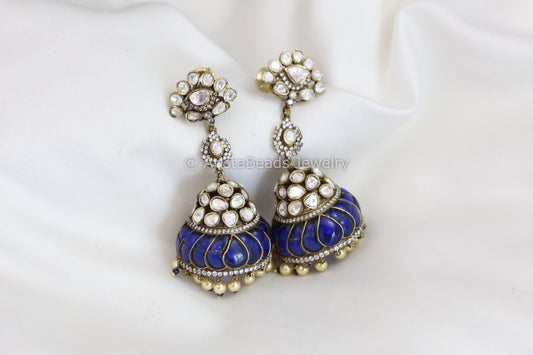 Real Moissanite Victorian Jhumka - Blue Kundan