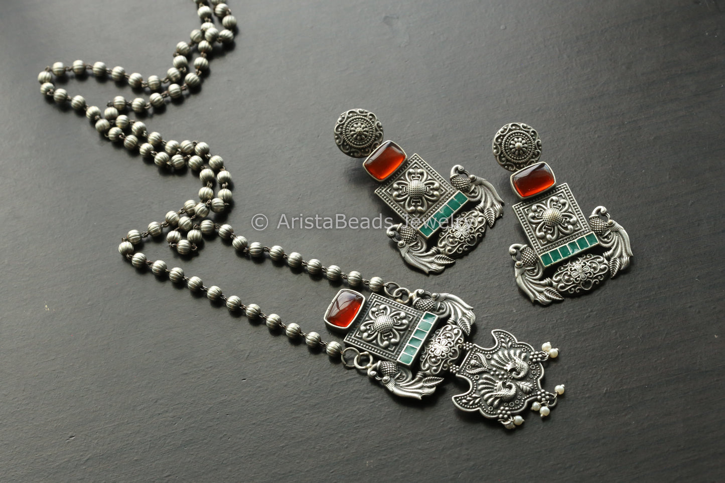 Oxidized Enamel Necklace Set - Orange Stone