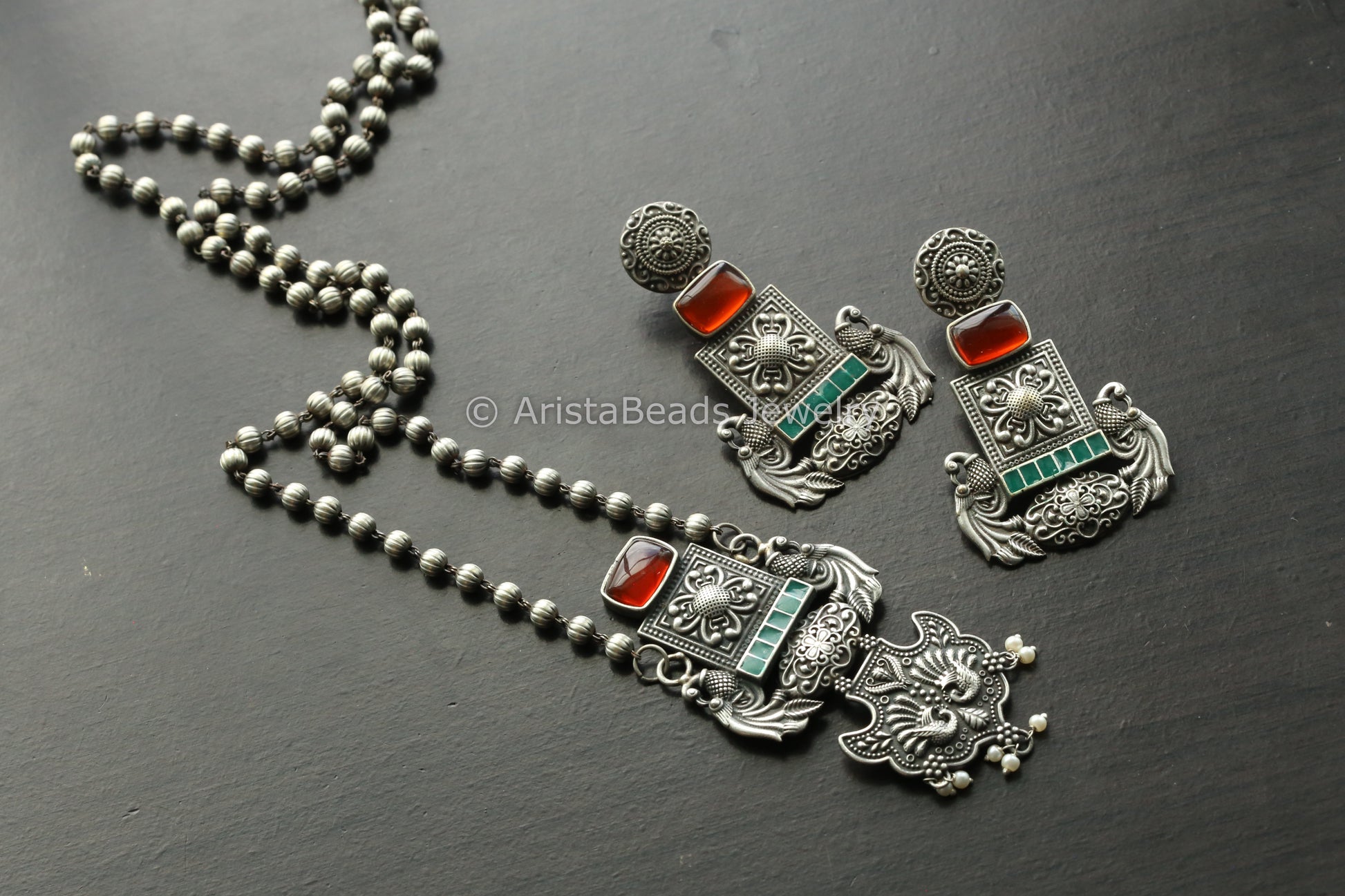 Oxidized Enamel Necklace Set - Orange Stone