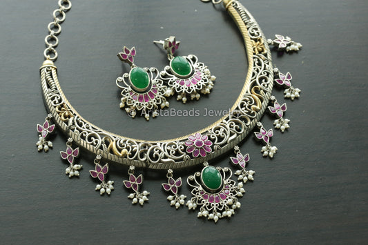 Dual Tone Hasli Necklace Set - Ruby