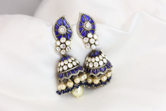 Real Moissanite Blue Jadau Kundan Victorian Jhumka
