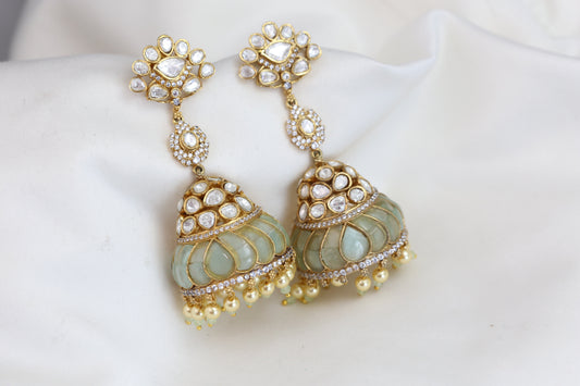 Real Moissanite Gold Jhumka - Mint Jadau Kundan