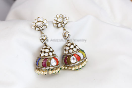 Real Moissanite Victorian Jhumka - Multi Kundan