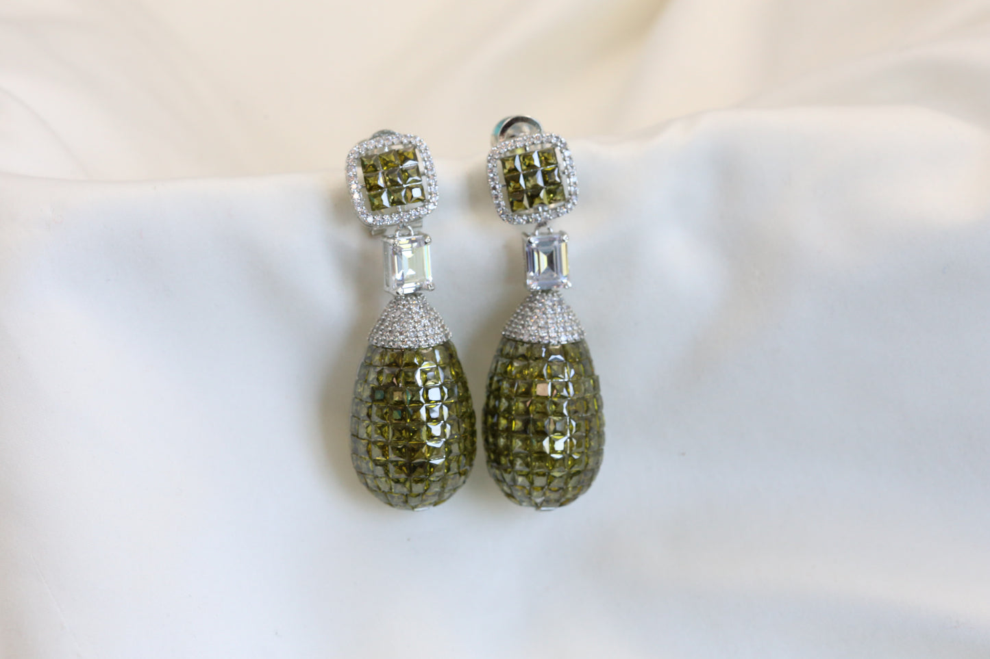 Long Invisible Settings Earrings - Olive Green