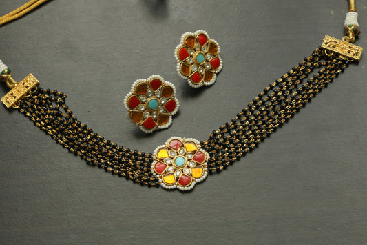 Black Bead Jadau Necklace Set -  Coral Yellow  Turquoise