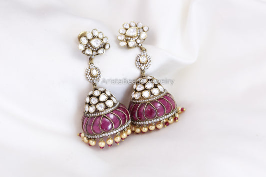 Real Moissanite Victorian Jhumka - Ruby Kundan