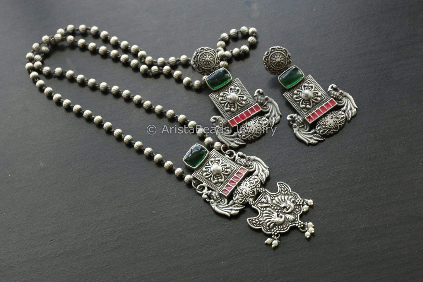 Oxidized Red Enamel Necklace Set - Green Stone