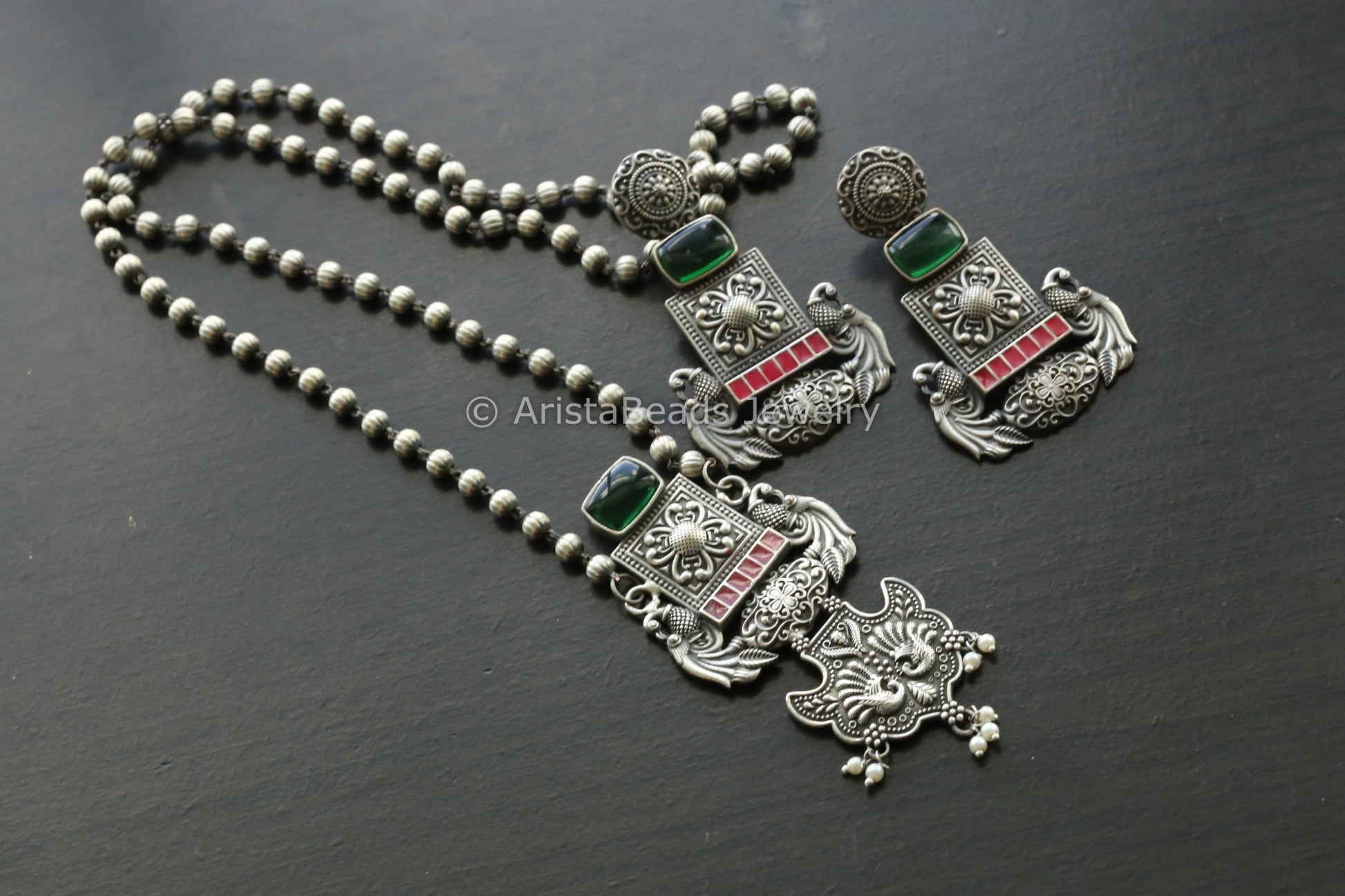 Oxidized Red Enamel Necklace Set - Green Stone