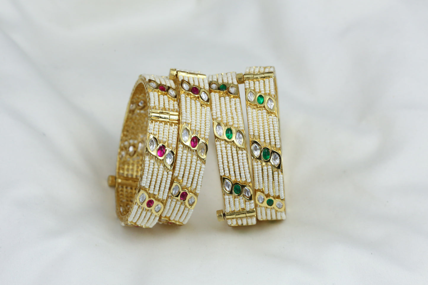 Gold Finish Pearl & Kundan Bangle Set - Openable