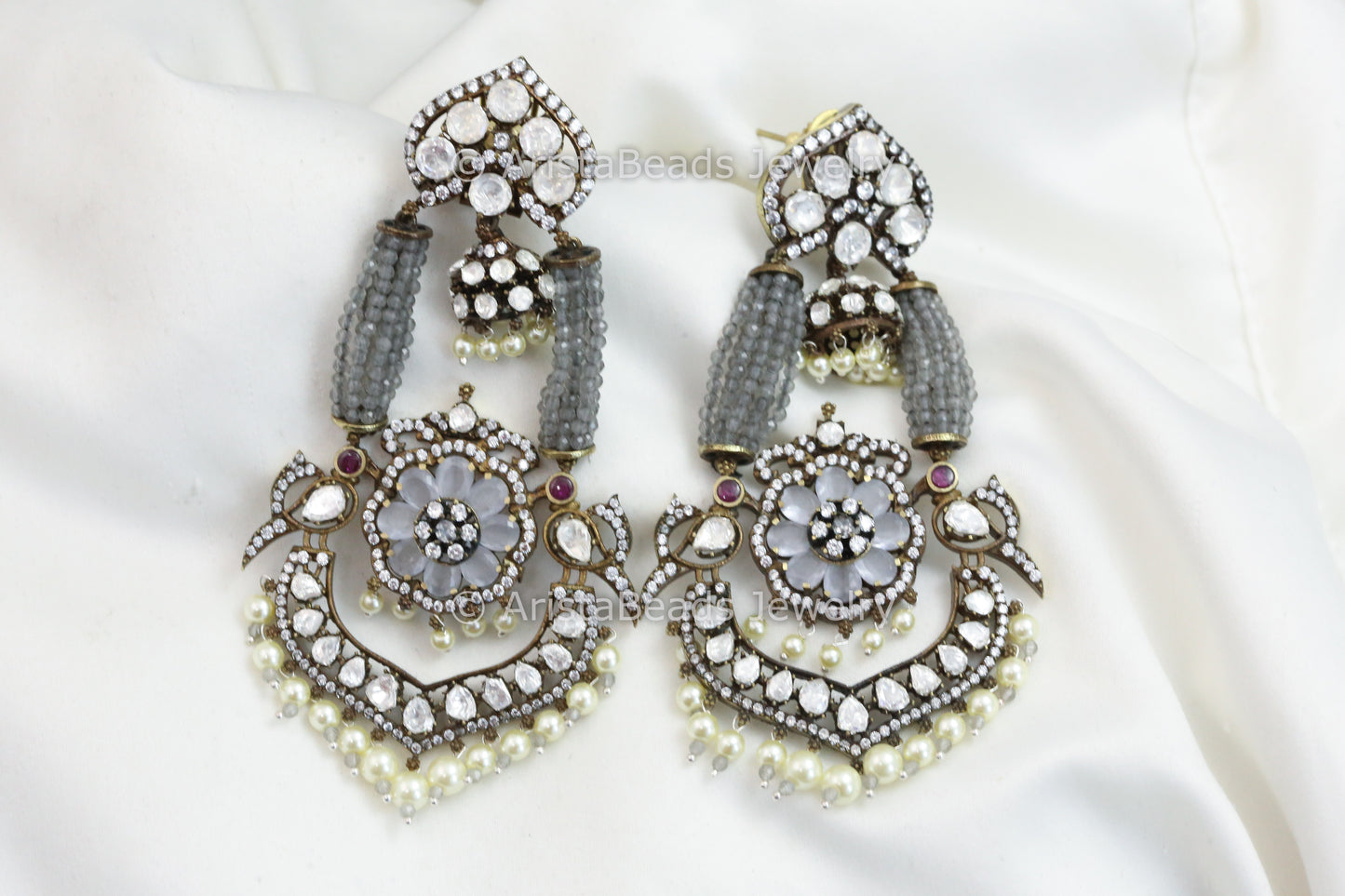 Real Moissanite & Gray Stones Victorian Earrings