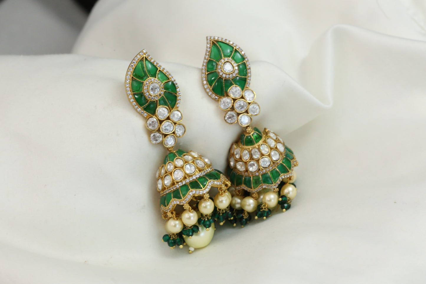 Real Moissanite Green Jadau Kundan Gold Jhumka
