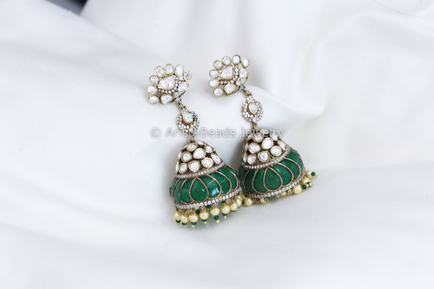 Real Moissanite Victorian Jhumka - Green Kundan