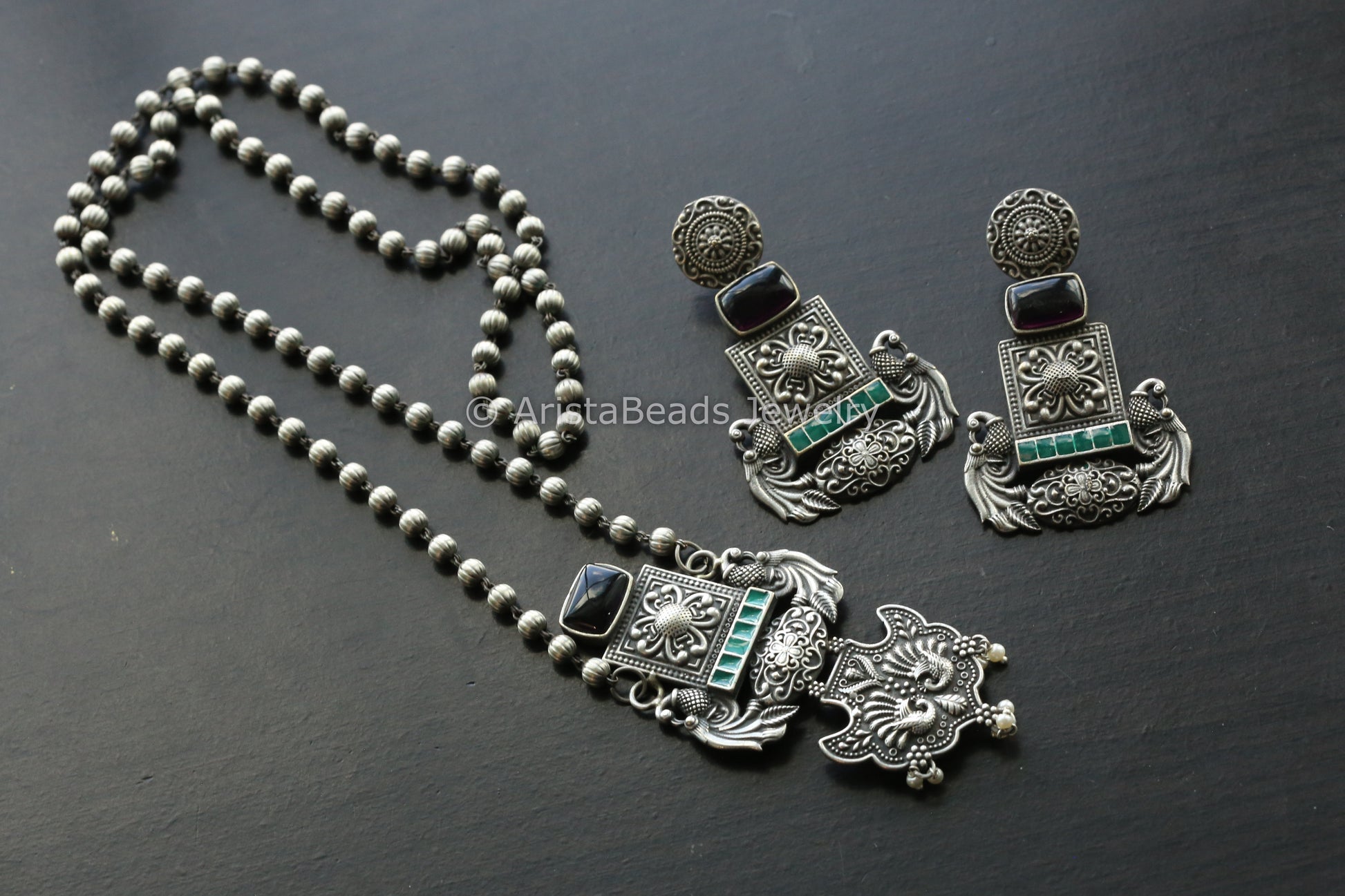 Oxidized Enamel Necklace Set - Red Stone
