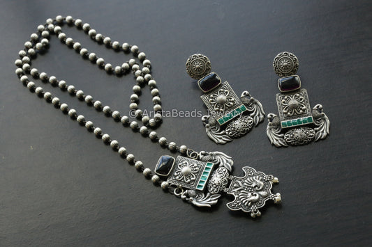 Oxidized Enamel Necklace Set - Red Stone