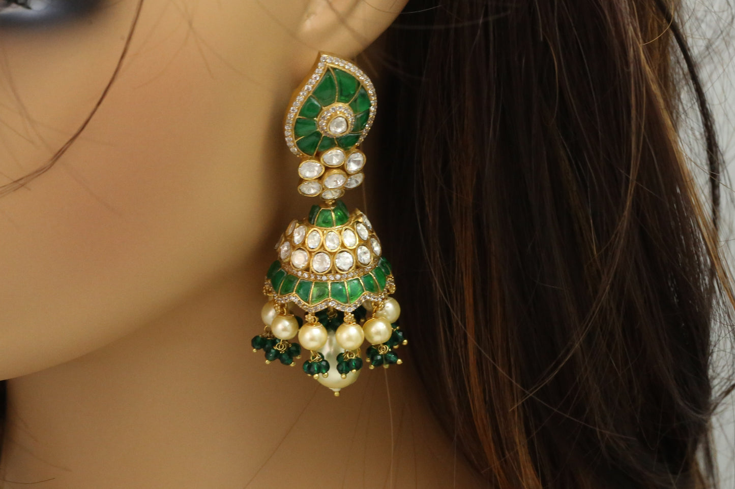 Real Moissanite Green Jadau Kundan Gold Jhumka