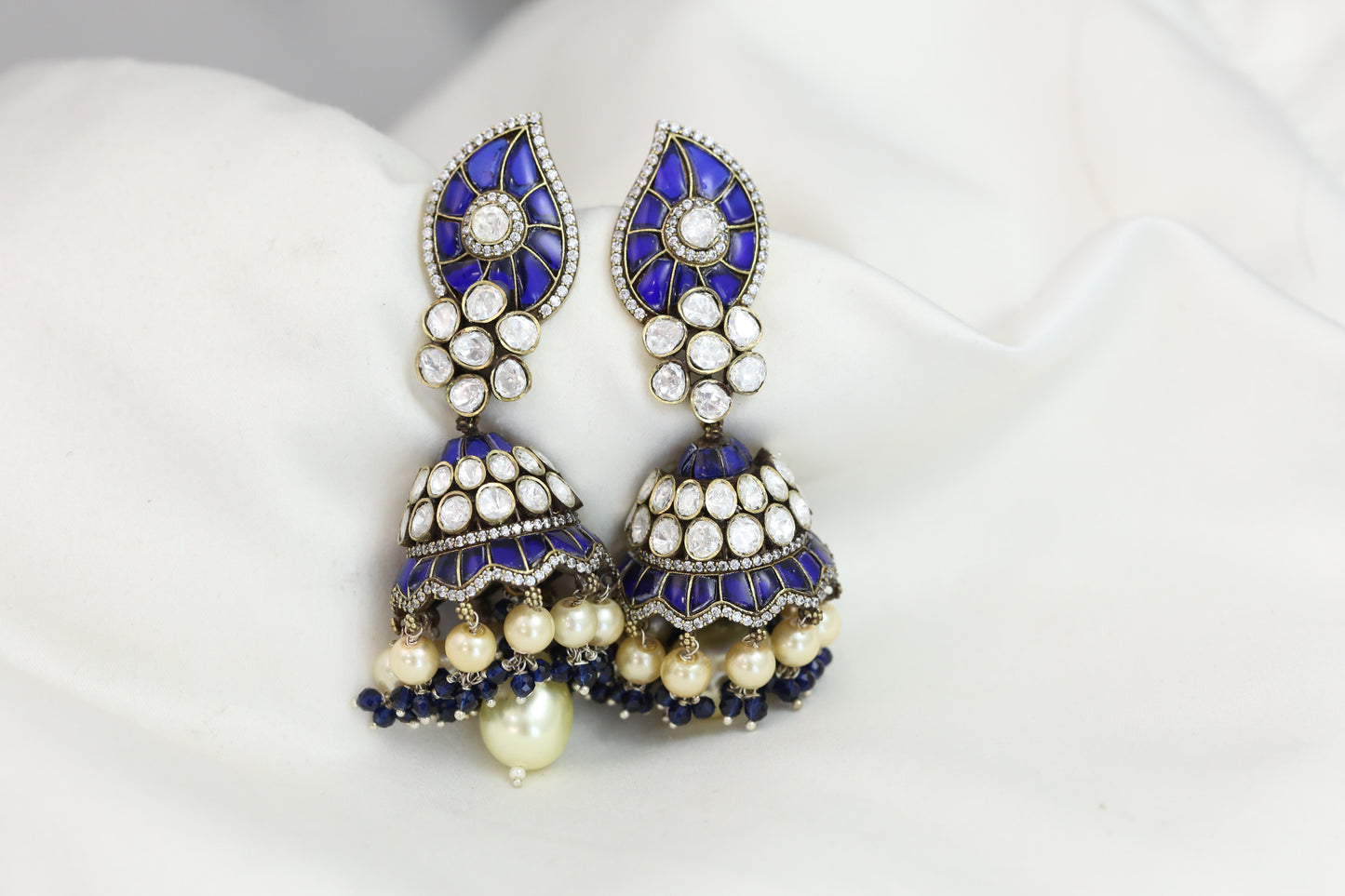 Real Moissanite Blue Jadau Kundan Victorian Jhumka