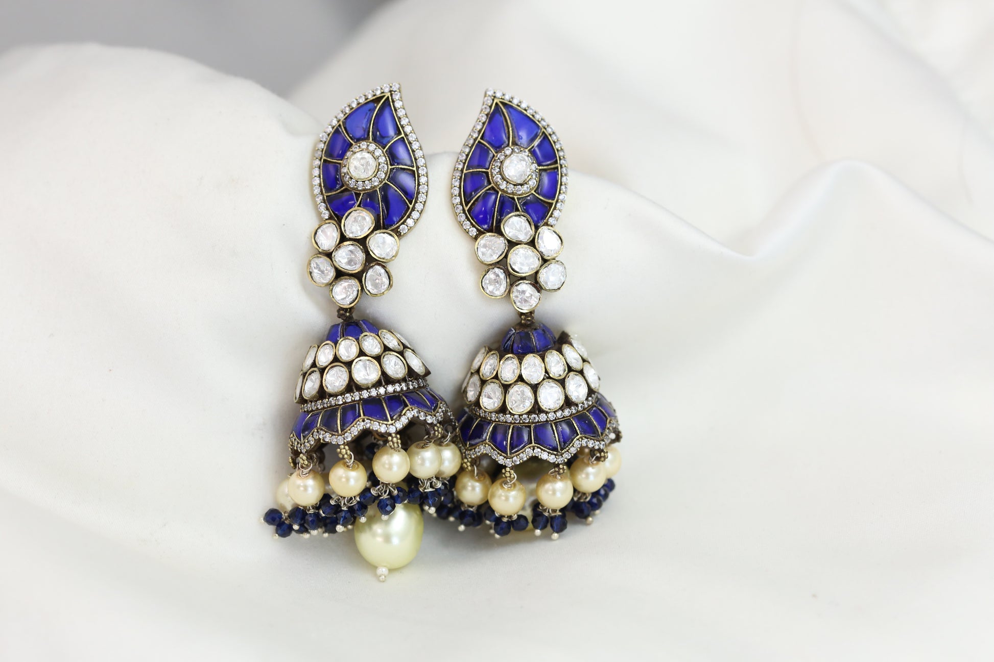 Real Moissanite Blue Jadau Kundan Victorian Jhumka