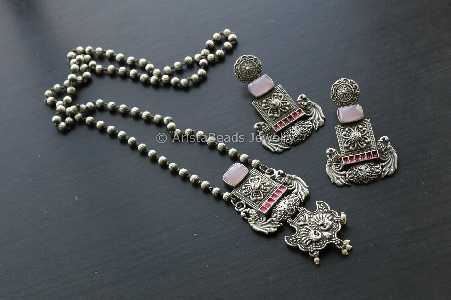 Oxidized Enamel Necklace Set - Pink Stone