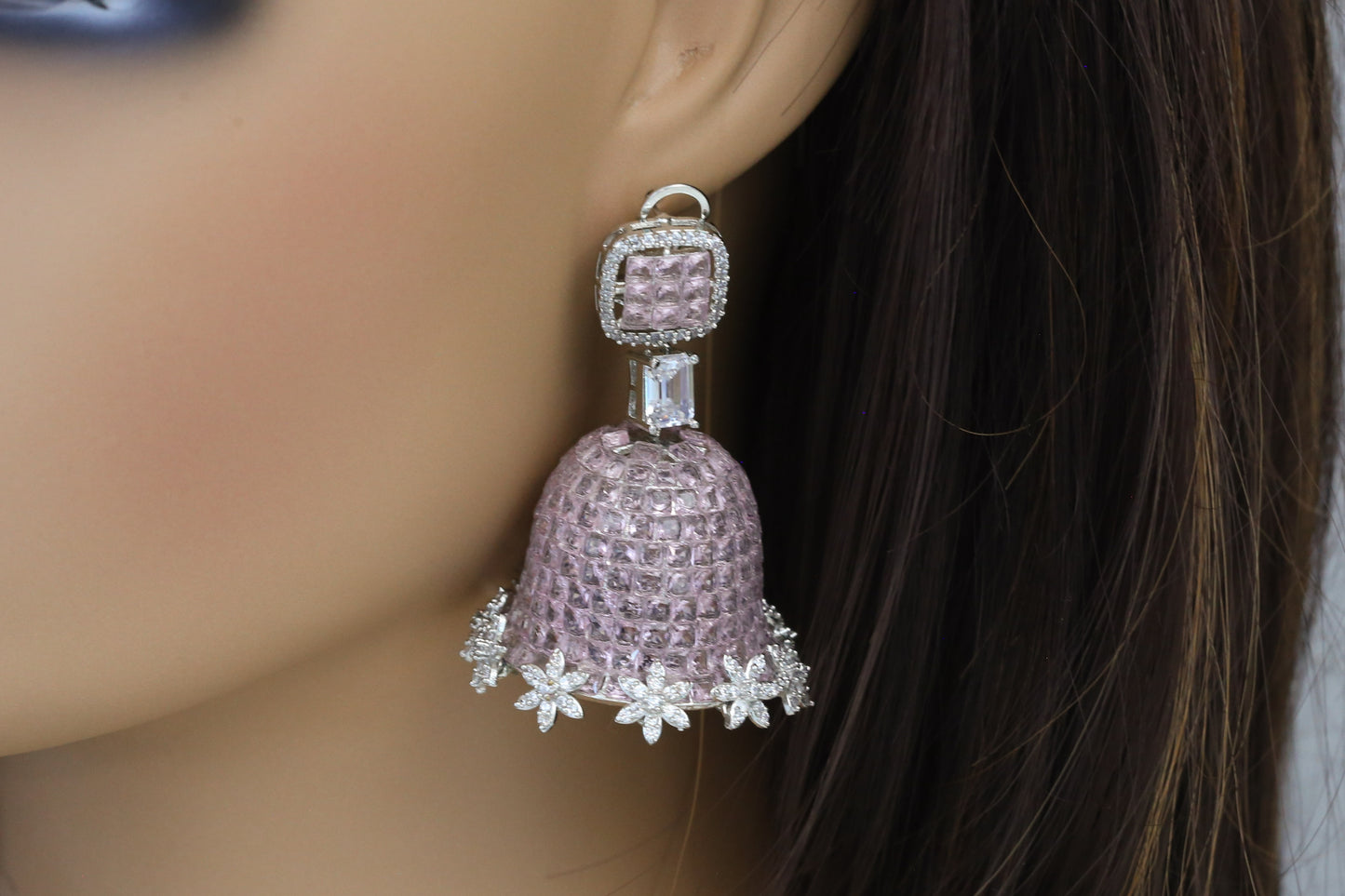 Pink Invisible Setting Jhumka - Small & Large Size