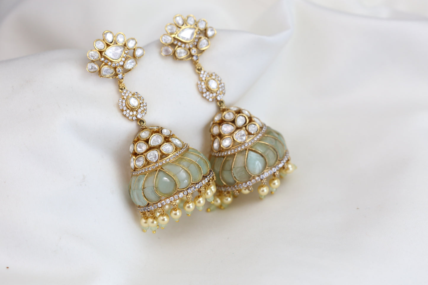 Real Moissanite Gold Jhumka - Mint Jadau Kundan