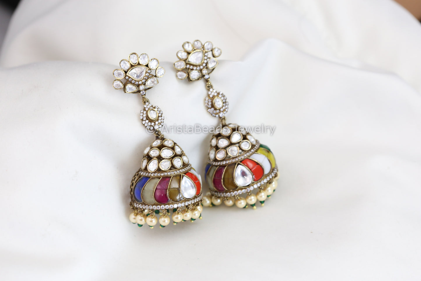 Real Moissanite Victorian Jhumka - Multi Kundan