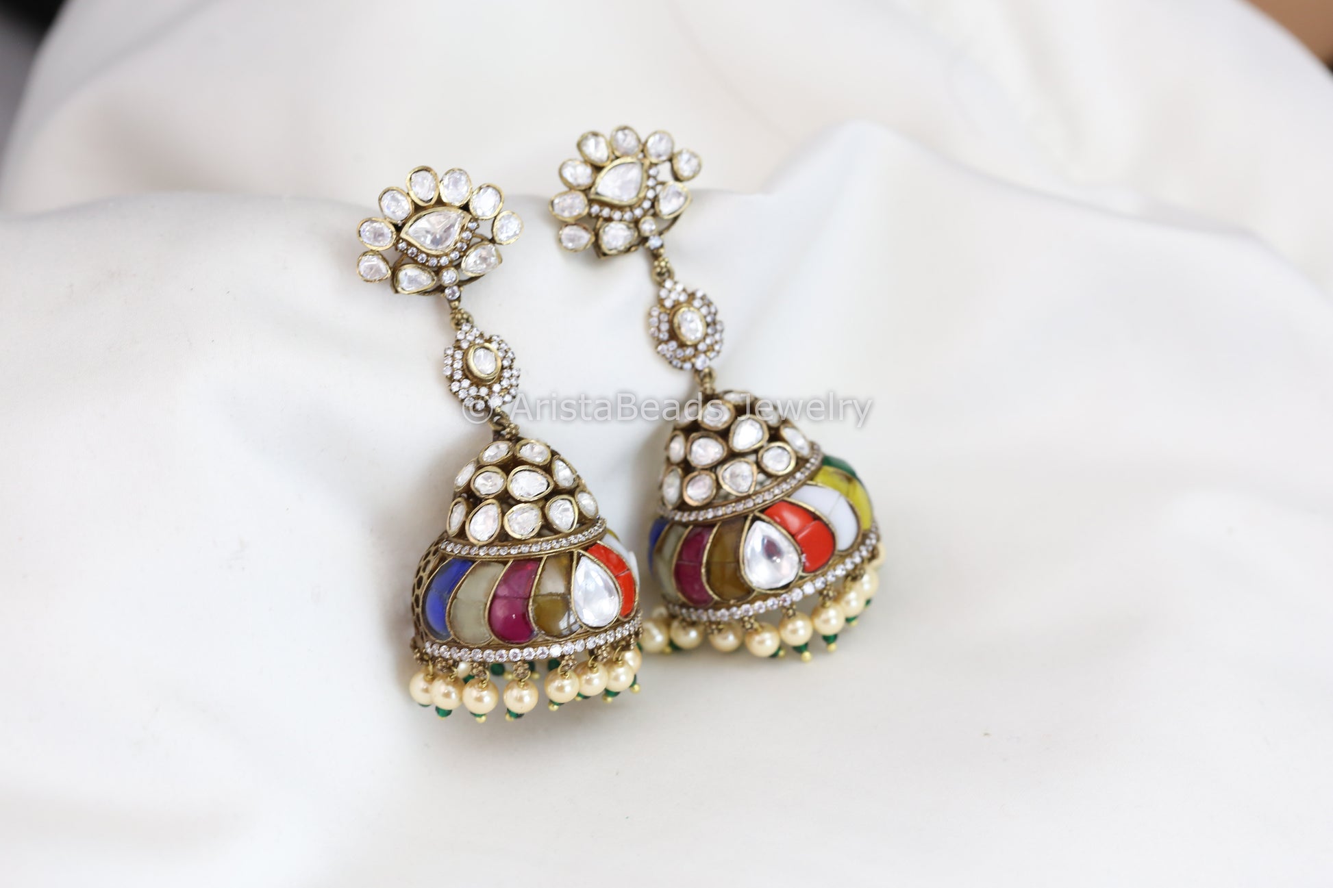 Real Moissanite Victorian Jhumka - Multi Kundan