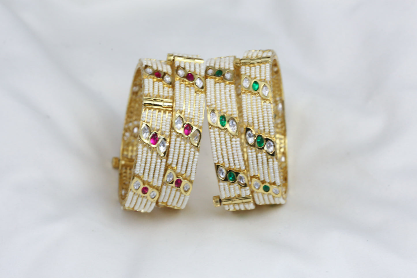 Gold Finish Pearl & Kundan Bangle Set - Openable
